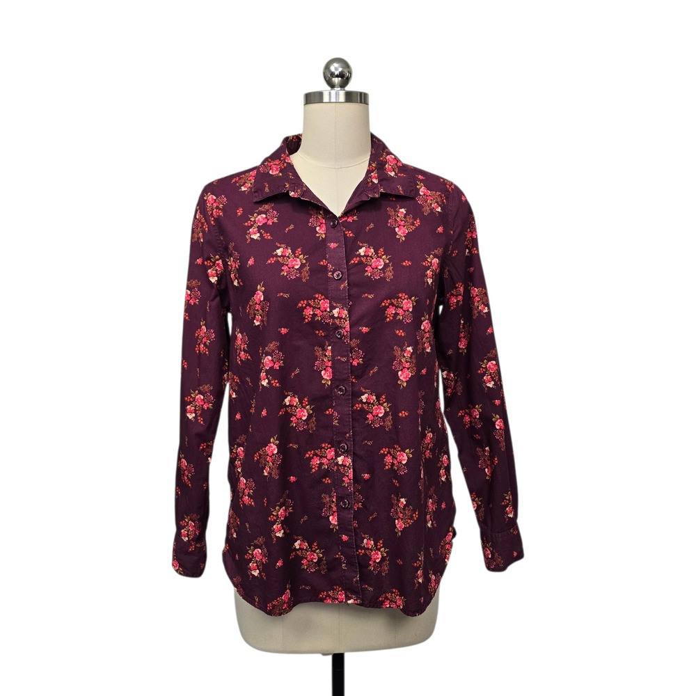 Garnet Hill Womens 6 Plum Purple Floral Organic Pima Cotton Button Down Shirt